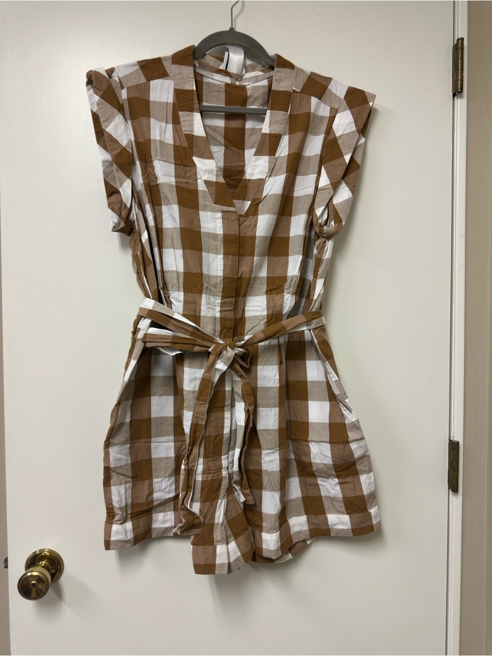 Anthropologie Brown & White Gingham Tie-Waist Romper